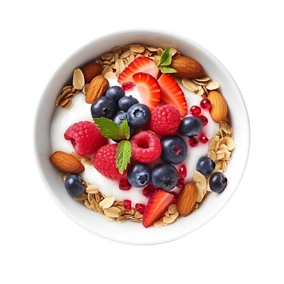 yogurt with berries and almonds in a bowl on a transparent background png