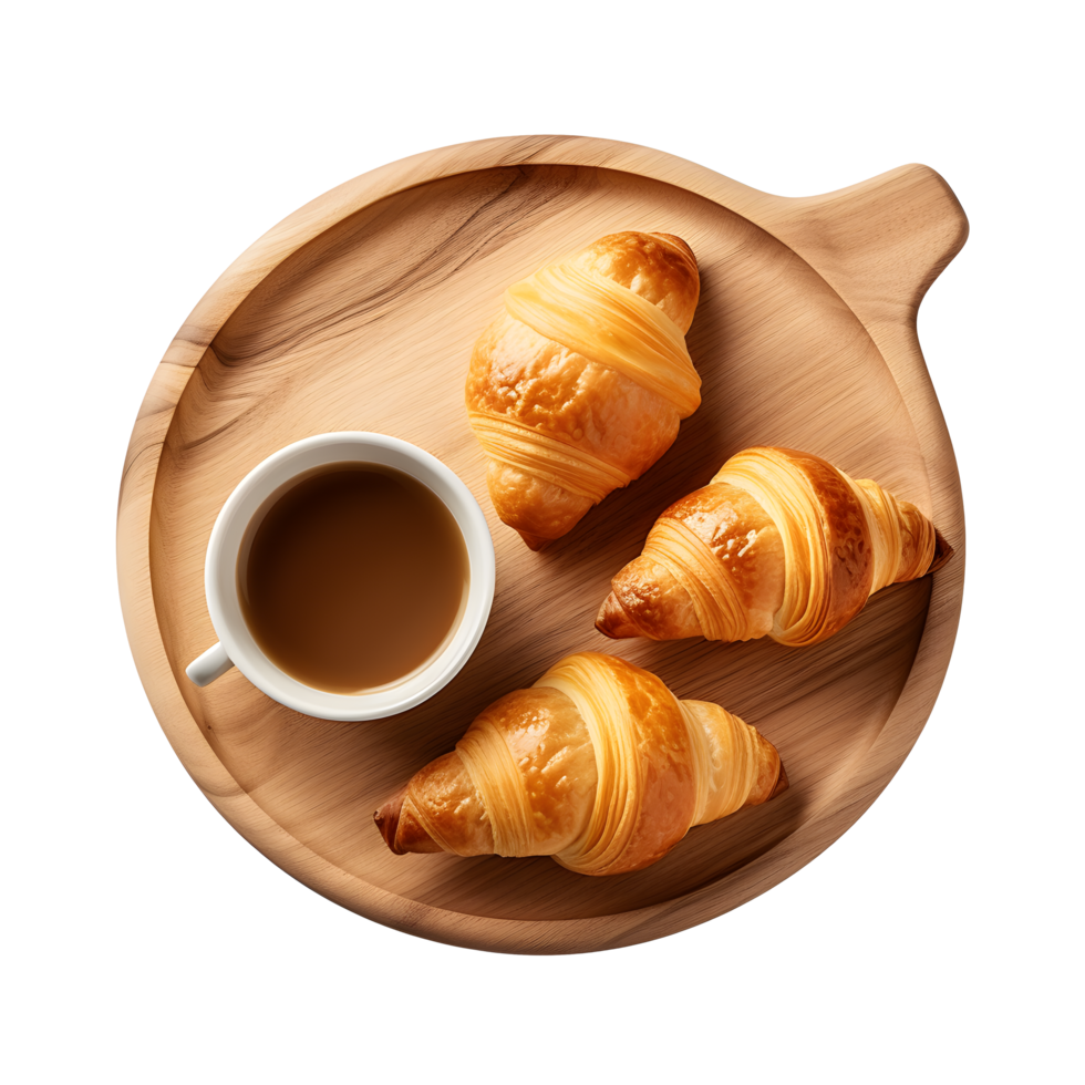 croissants and coffee on a wooden plate on a white background png