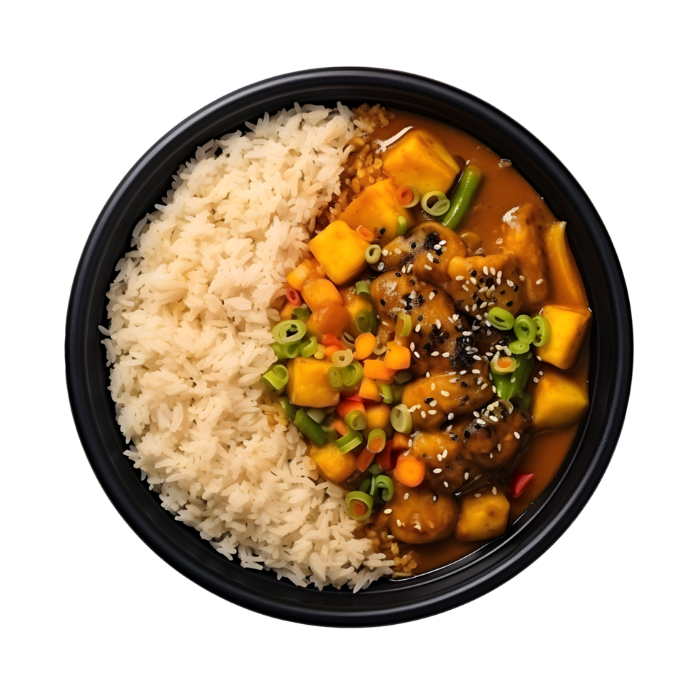 chicken curry with rice and vegetables in a bowl on a transparent background png