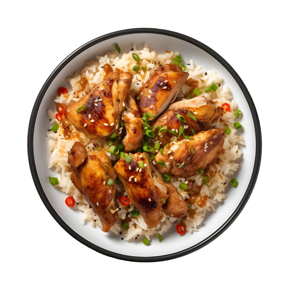 chicken wings with rice and green onions on a plate png