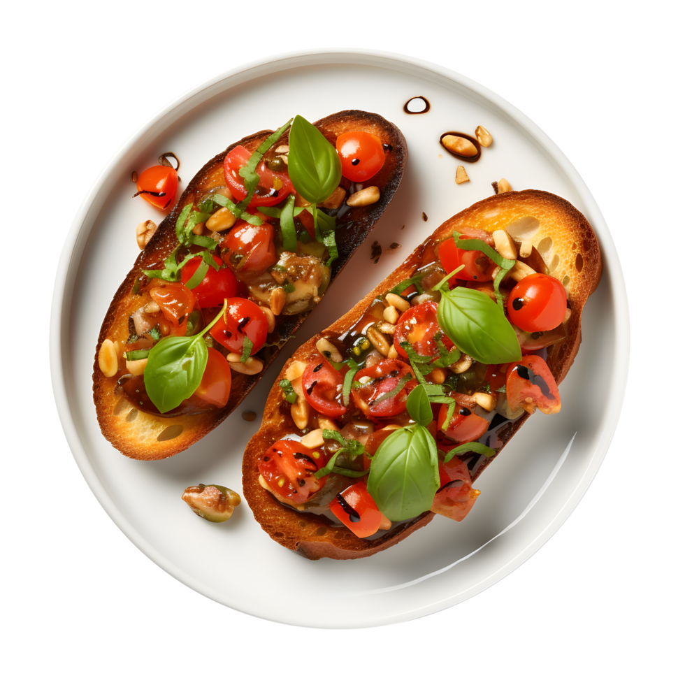 toast with tomato and basil pesto on white plate png
