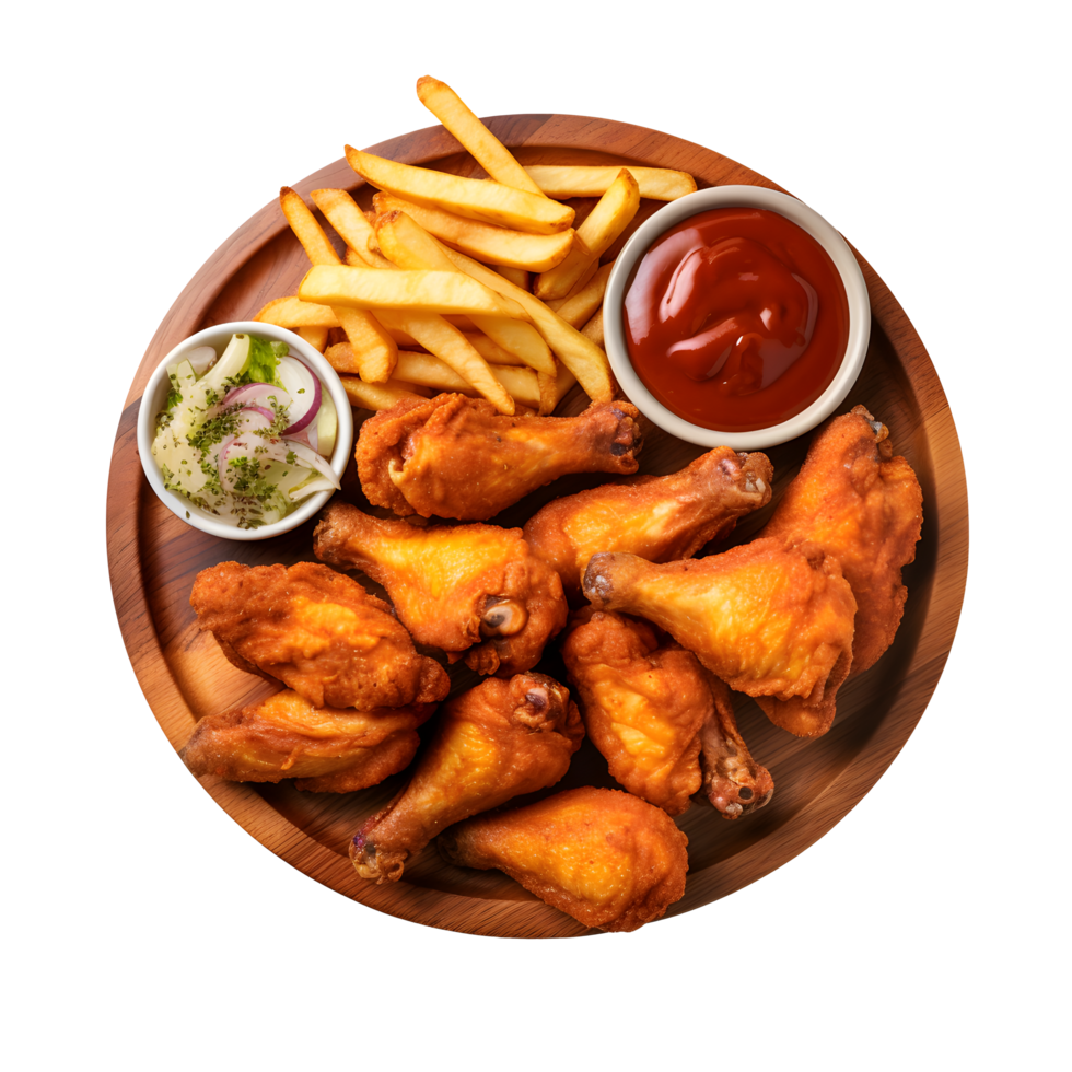 chicken wings and fries on a wooden plate with ketchup and ketchup sauce png