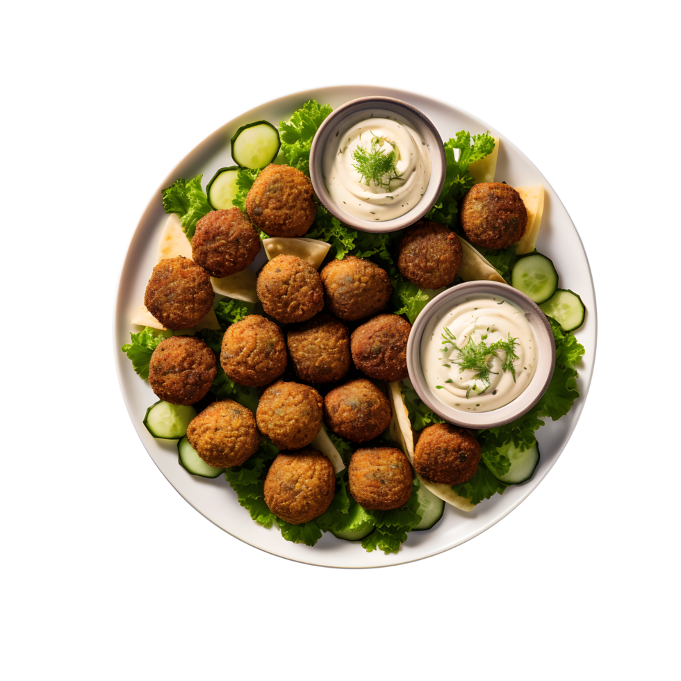 a plate with a plate of falafel and cucumbers png