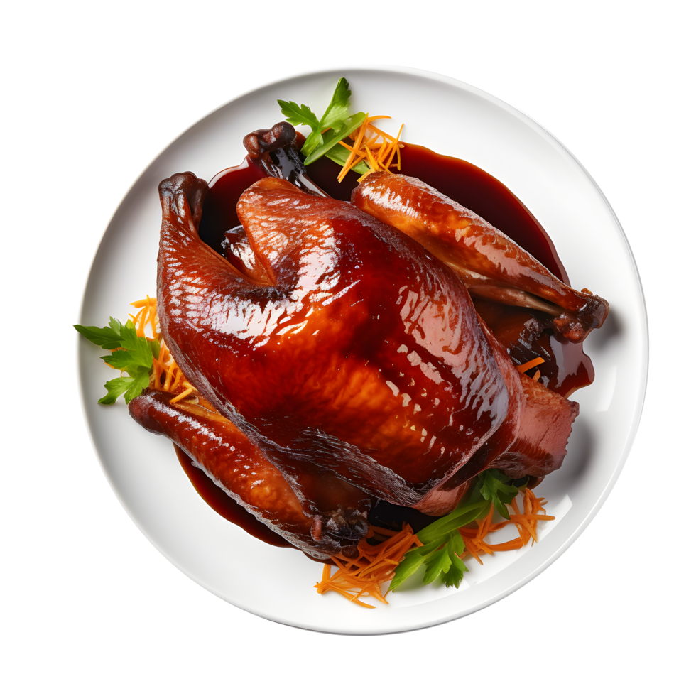 chinese roast duck on white plate with vegetables png