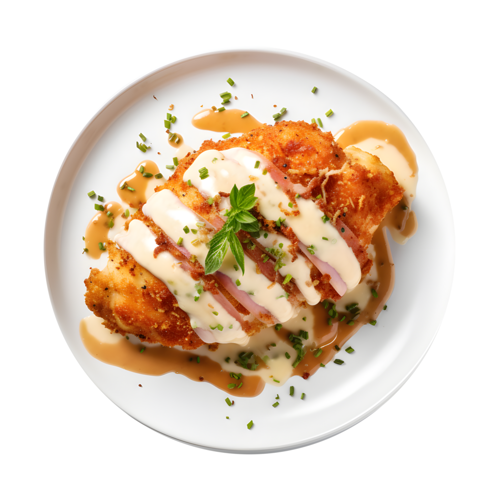 chicken breast with gravy and sauce on a white plate png