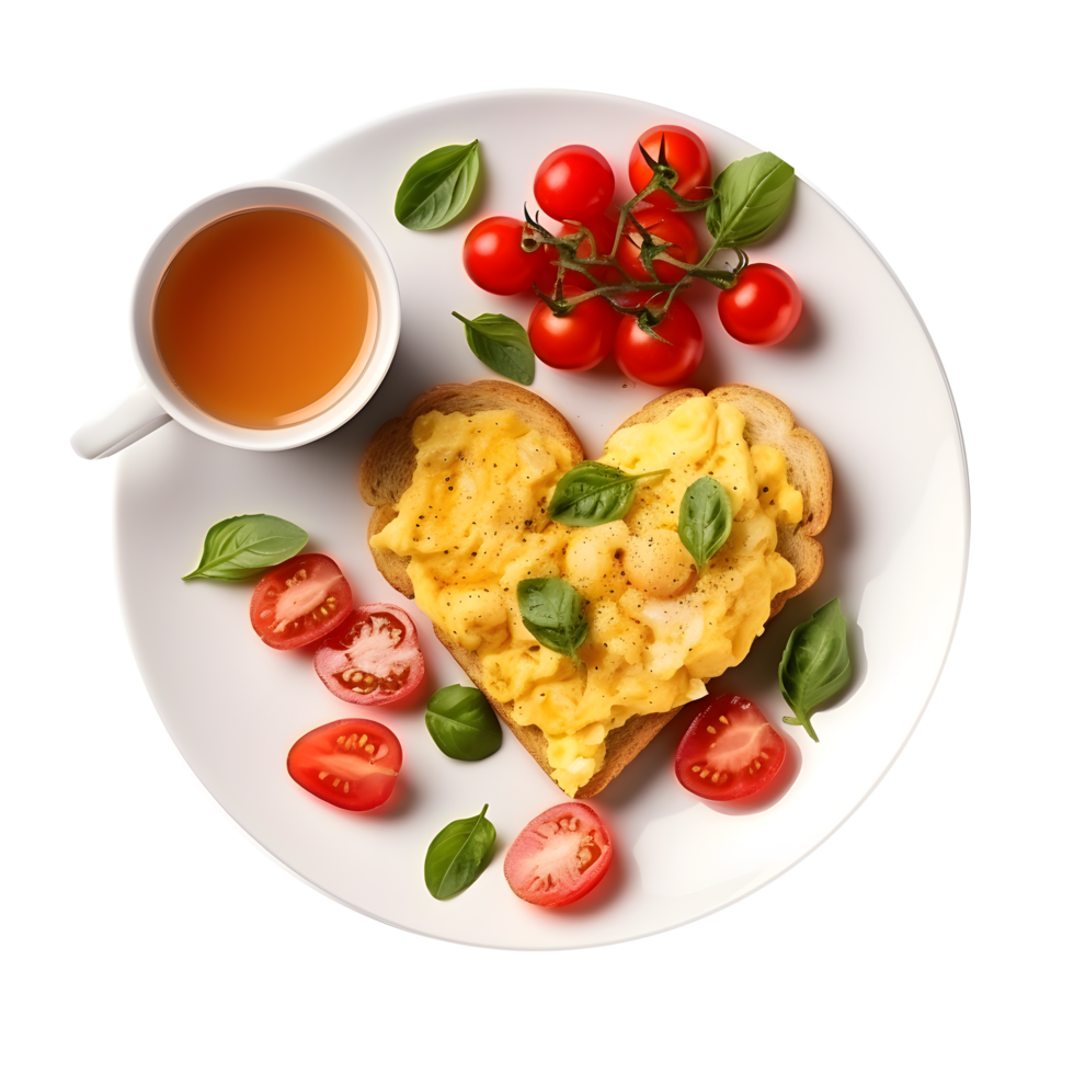 scrambled eggs and tomato on a heart shaped plate with a cup of tea on a transparent png