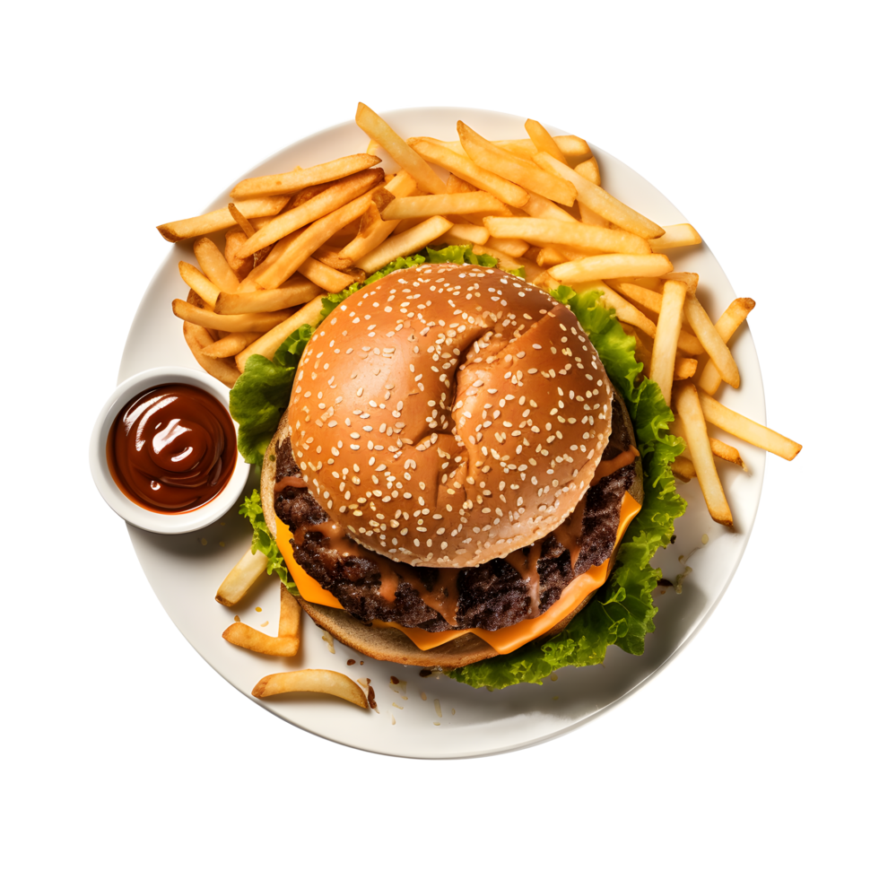 burger and fries on a plate on a white background png