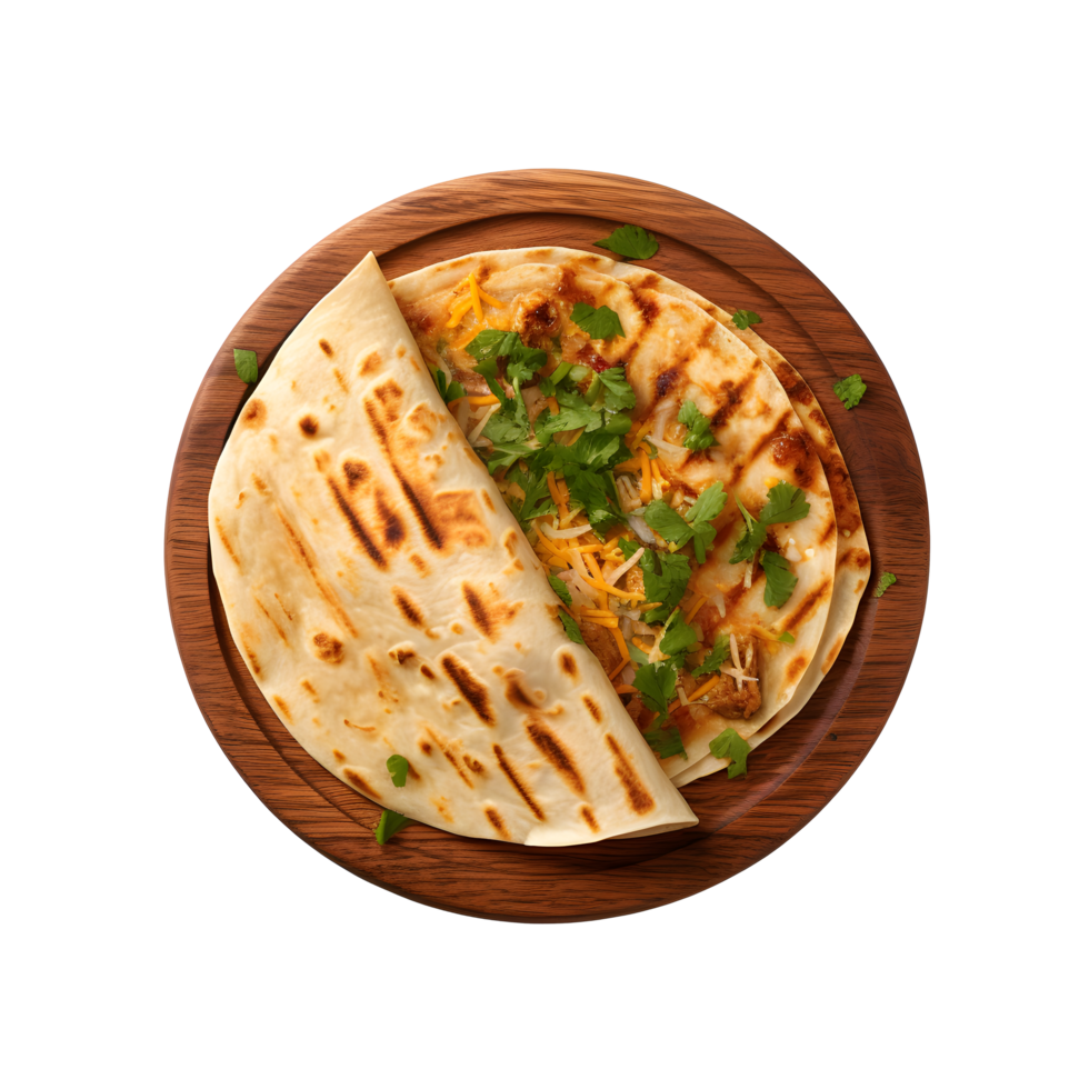 mexican food tortilla with cheese and herbs on a wooden plate isolated on transparent background png
