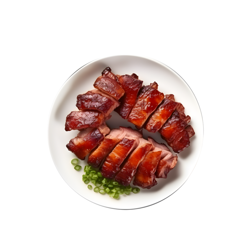chinese barbecue pork on a plate with green peas png