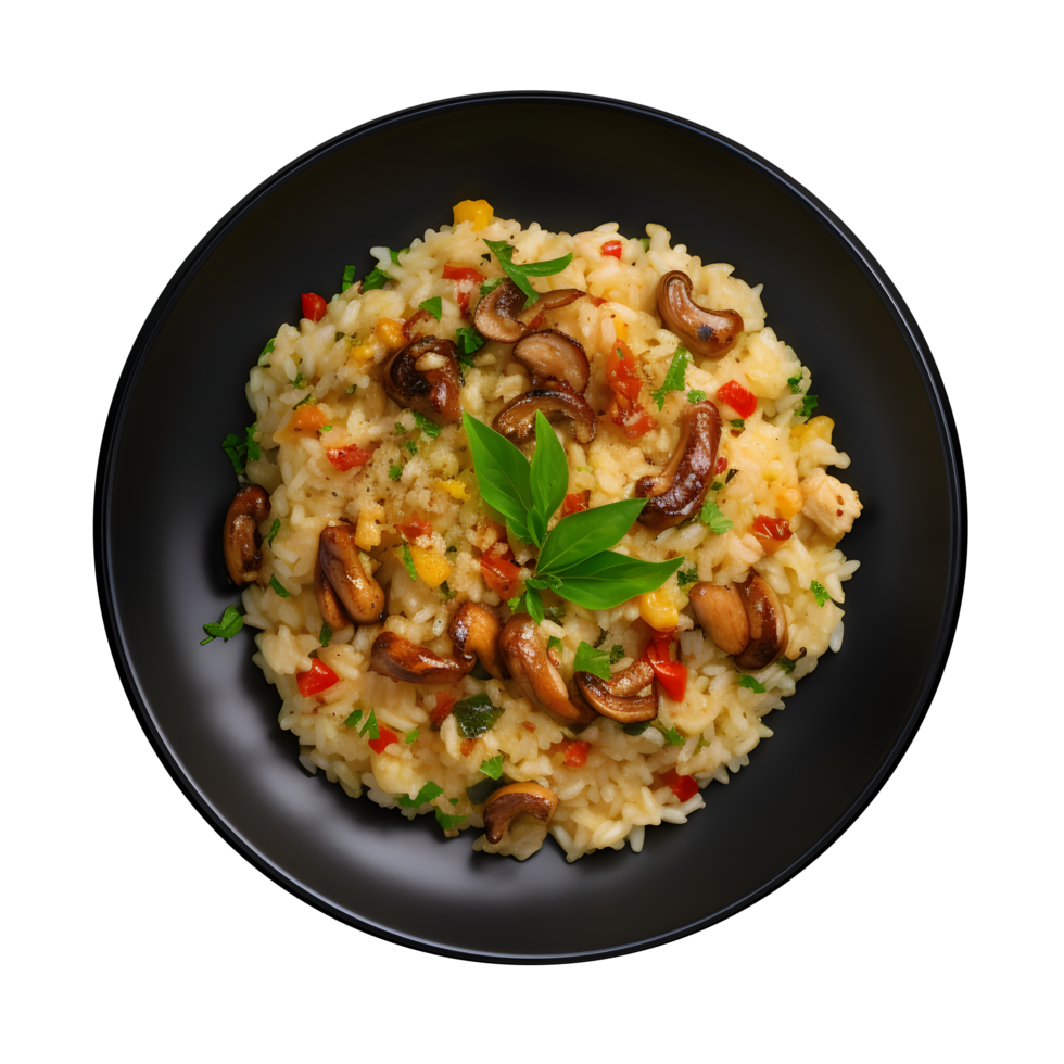 mushroom risotto with vegetables and peppers on a black plate png