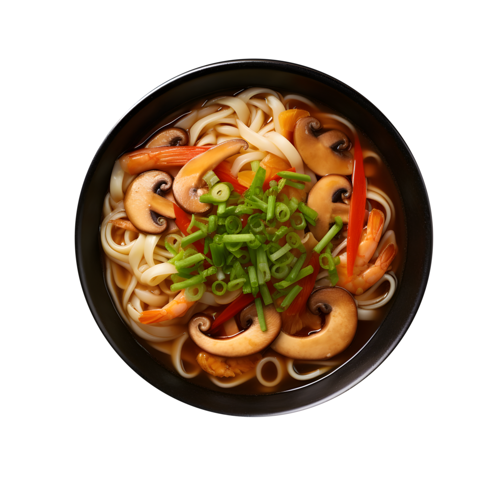 chinese noodles with mushrooms and vegetables in a bowl png