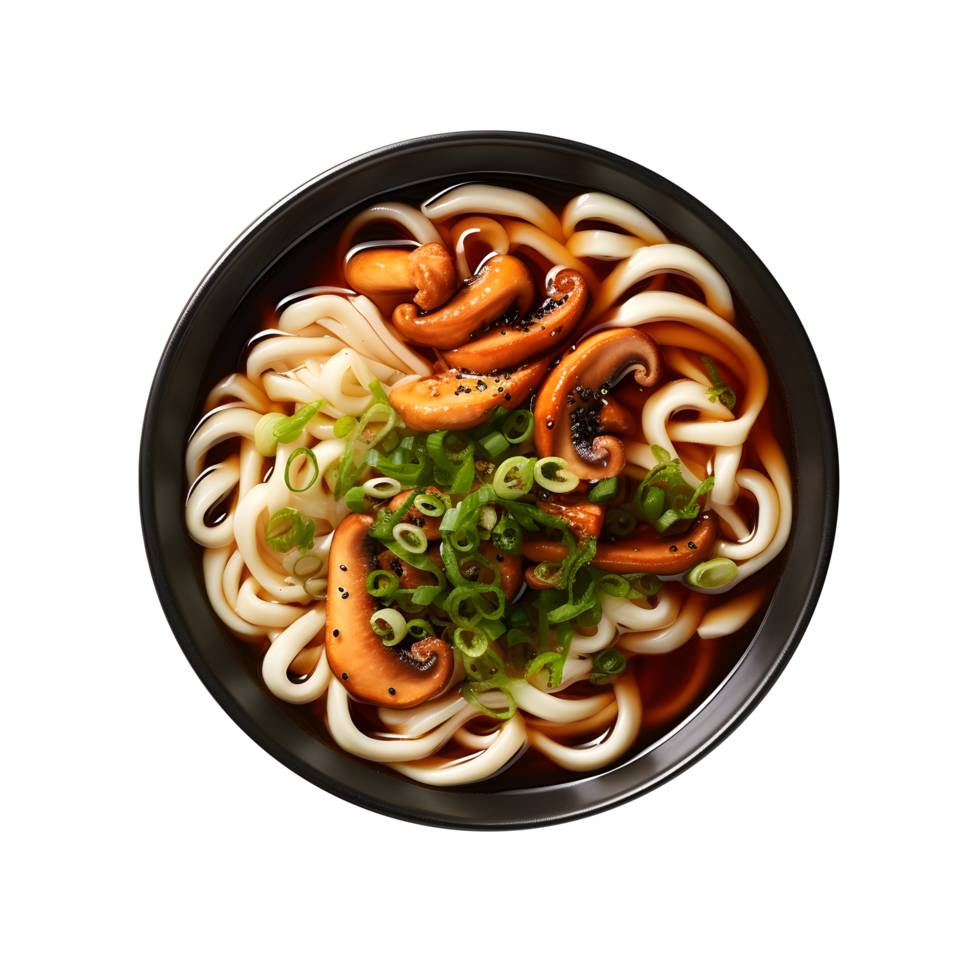 Ramen a bowl of noodles with mushrooms and green onions png