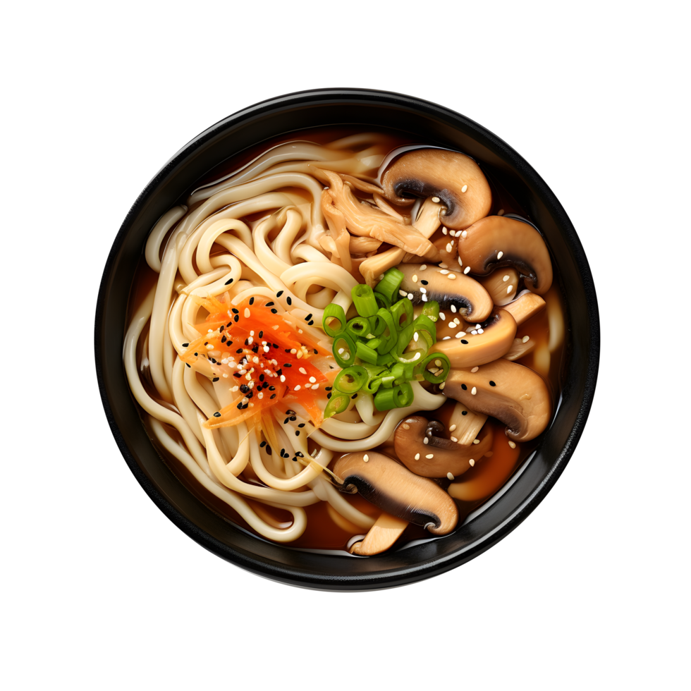 a bowl of noodles with mushrooms and vegetables on a white background png