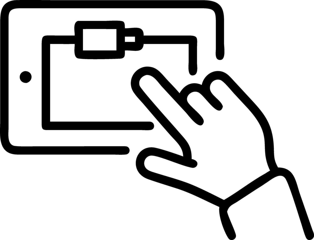 Close up of workers hand using AI tablet for machine diagnostics vector