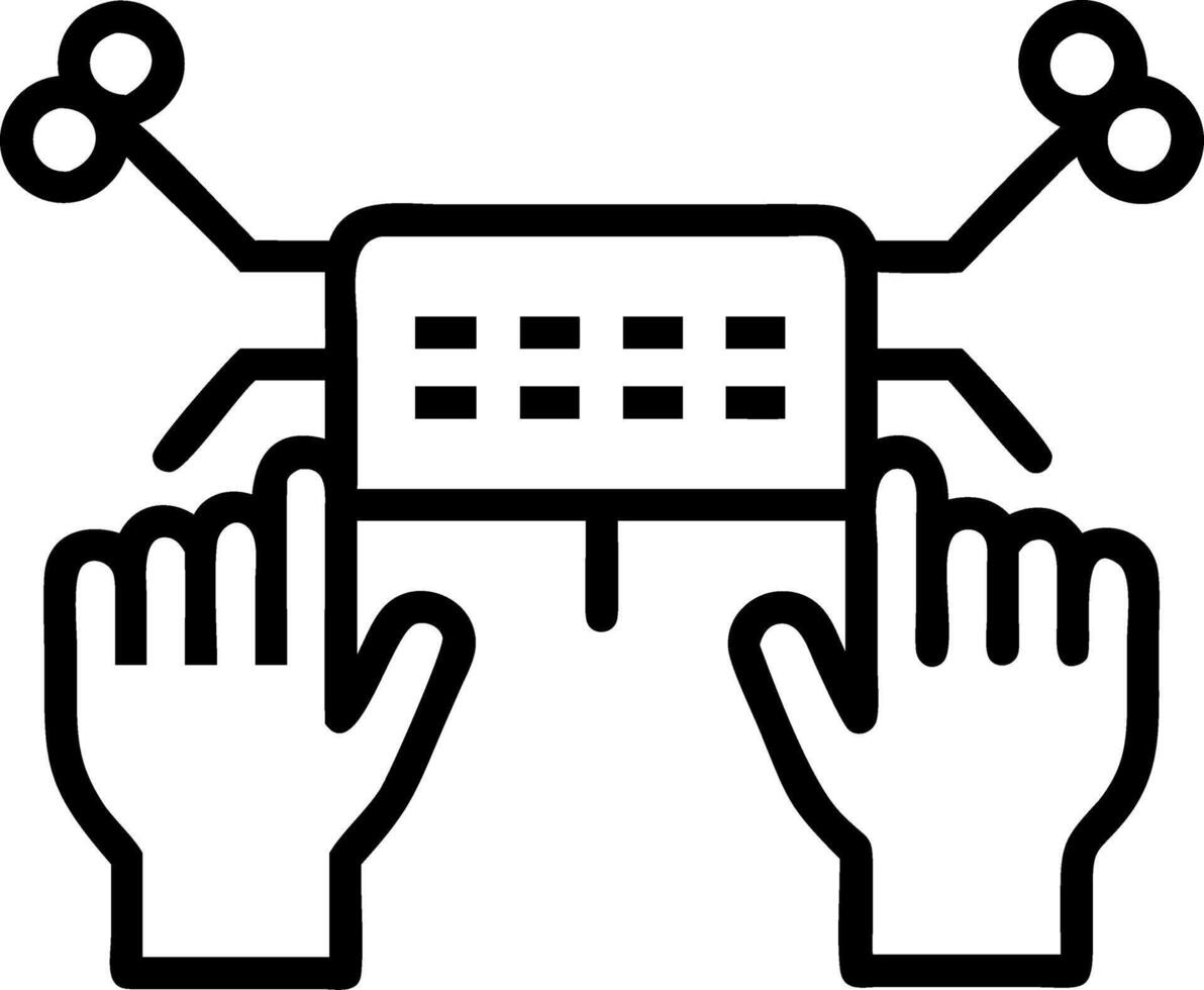 Close up of hands typing on futuristic keyboard with holograms copy space below vector
