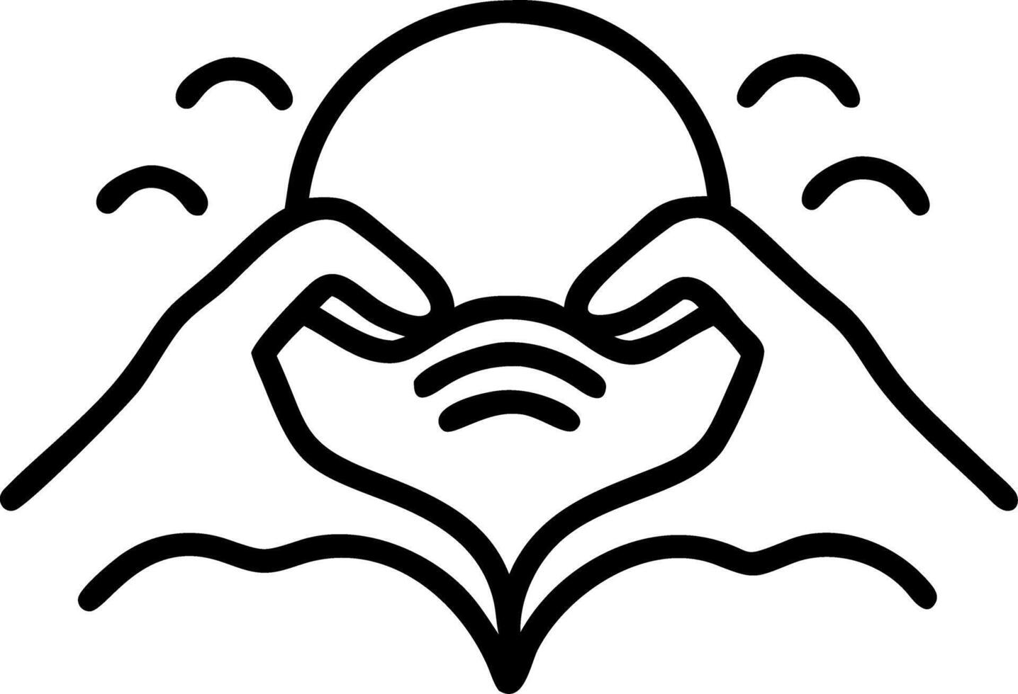 Close up of a person hands forming heart shape over sunset with copy space vector