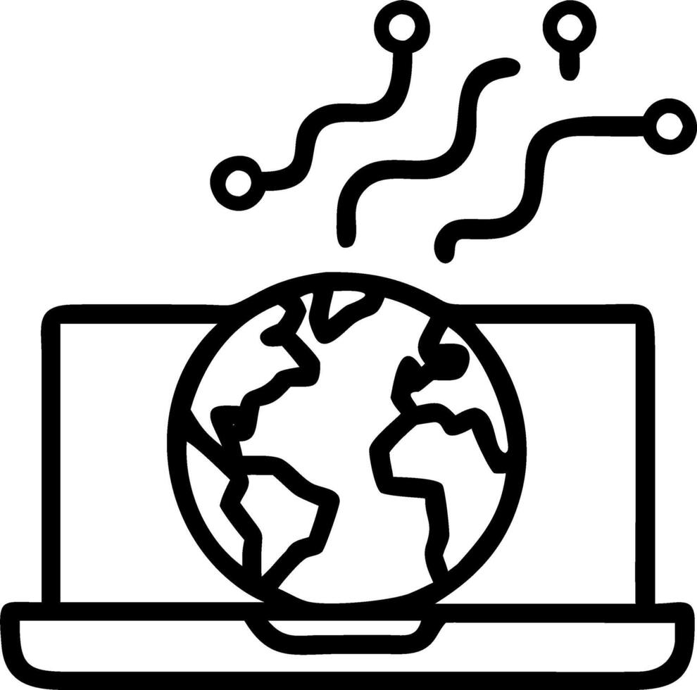 Laptop emitting glowing data streams over world map background vector