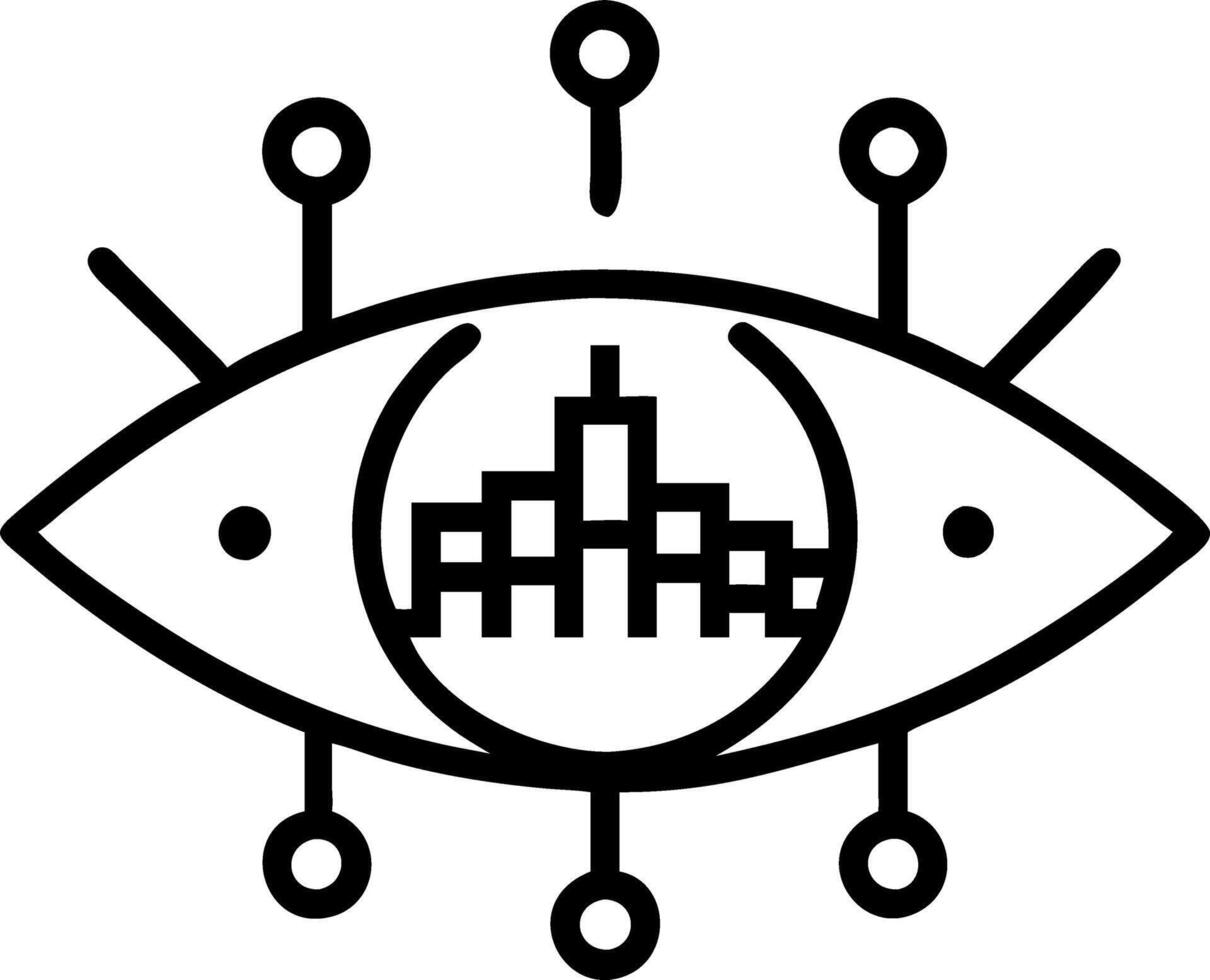 Close up of eye with digital network overlay reflecting city lights vector