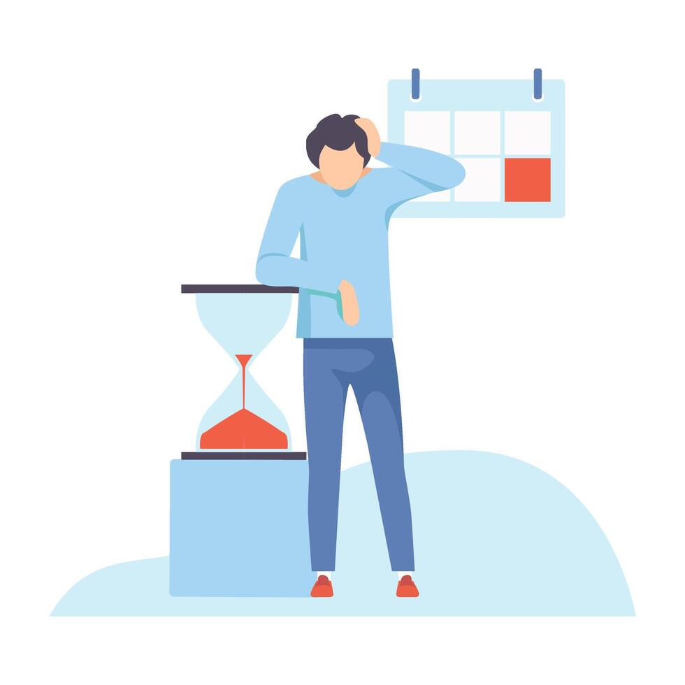 Thinking Businessman Planning His Working Time with Hourglass and Calendar, Organization and Control of Working Time, Efficient Time Management Business Concept Flat Illustration vector