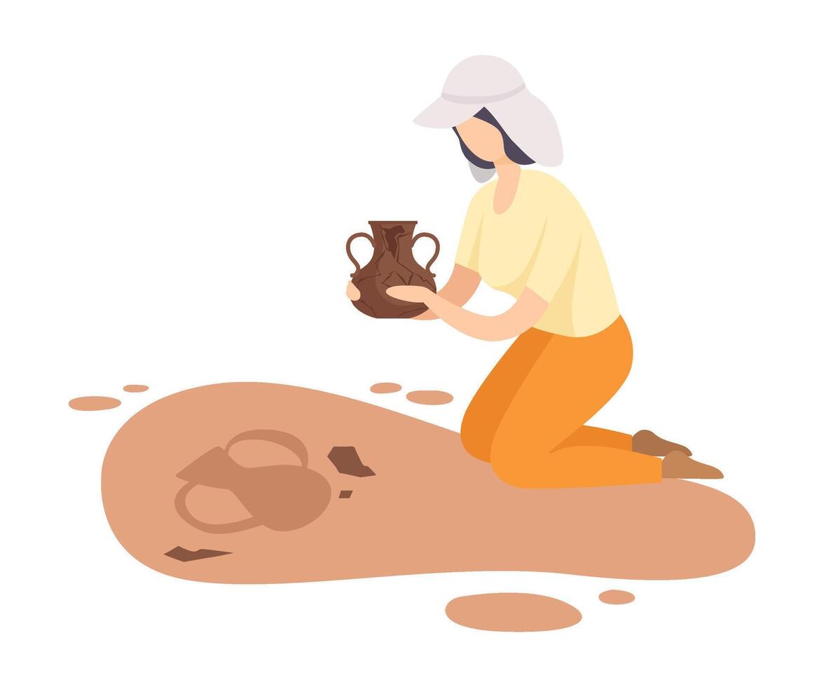 Female Archaeologist Kneeling and Holding Ancient Amphora, Scientist Character Working on Excavations with Historical Artifacts Flat Illustration vector
