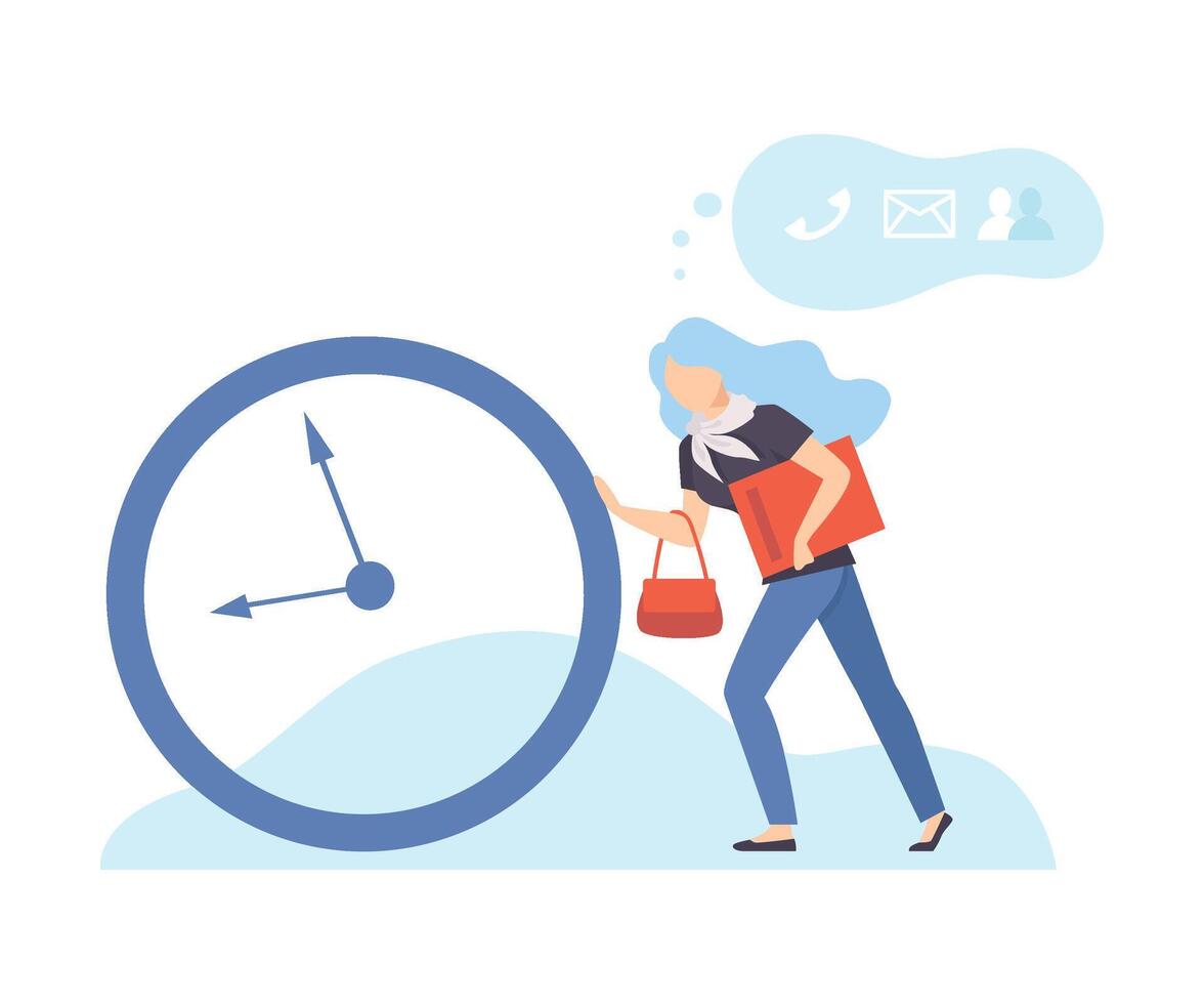Businesswoman Pulling Big lock, Organization and Control of Working Time, Efficient Time Management Business Concept Flat Illustration vector