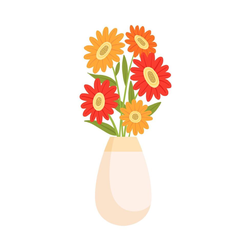 Beautiful Gerbera Flowers in Ceramic Vase, Bouquet of Blooming Flowers for Interior Decoration Illustration vector