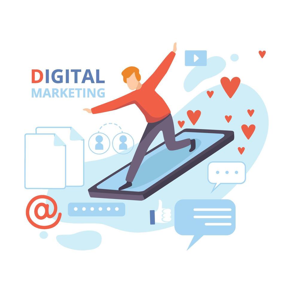 Businessman Flying on Smartphone, Digital Marketing, Business Analysis, Content and Management Strategy Flat Illustration vector