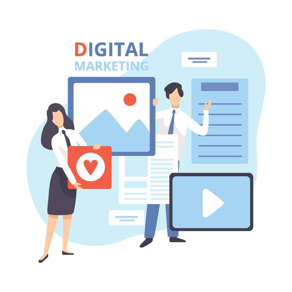 Digital Marketing, Creative Team Working on Content and Management Strategy, Business Analysis Flat Illustration vector