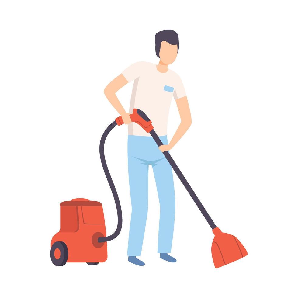 Male Professional Cleaner Vacuuming Floor, Cleaning Company Staff Character Dressed in Uniform with Equipment Flat Illustration vector