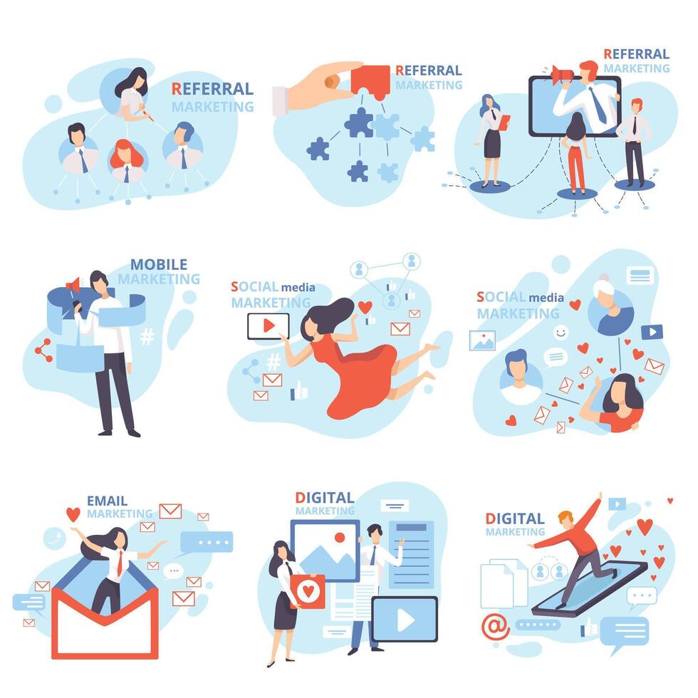 Social, Mobile, Email, Referral, Digital Marketing Set, Management Strategy, People Working on Content Engagement, Online Promotion, Internet Advertising, Business Software Flat Illustration vector