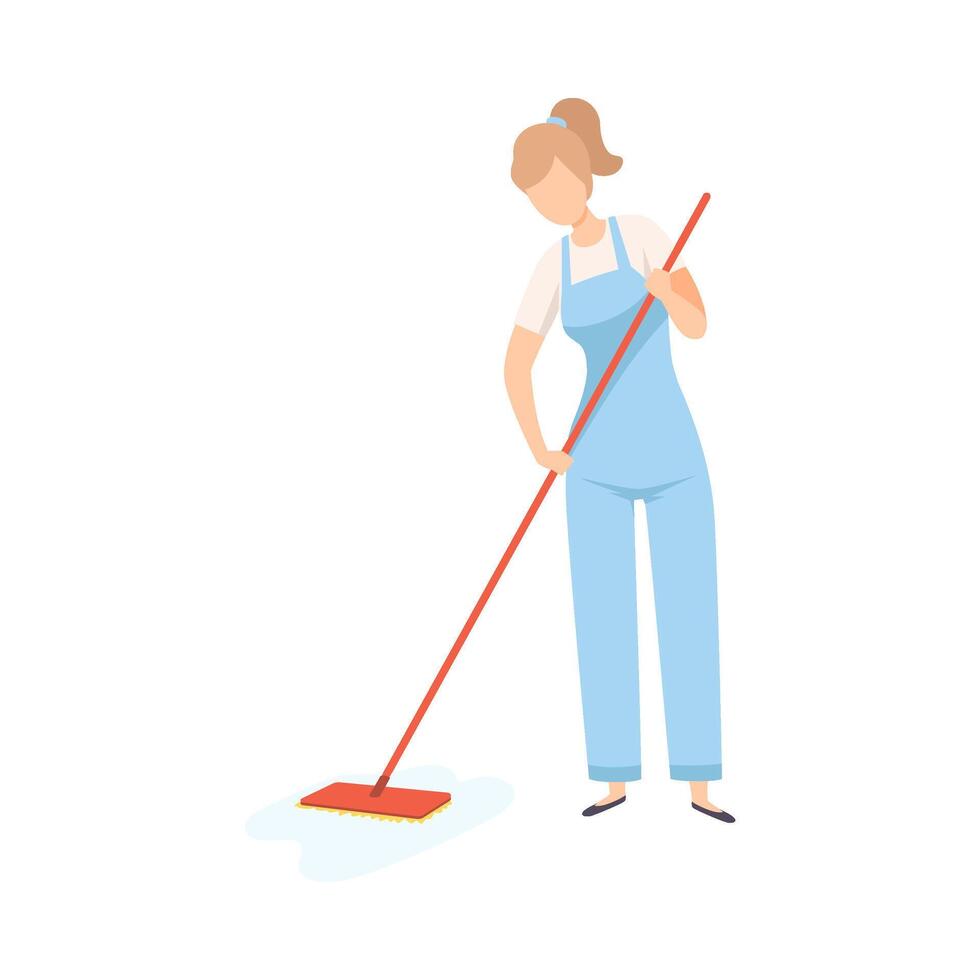 Female Professional Cleaner Mopping the Floor, Cleaning Company Staff Character Dressed in Uniform with Equipment Flat Illustration vector
