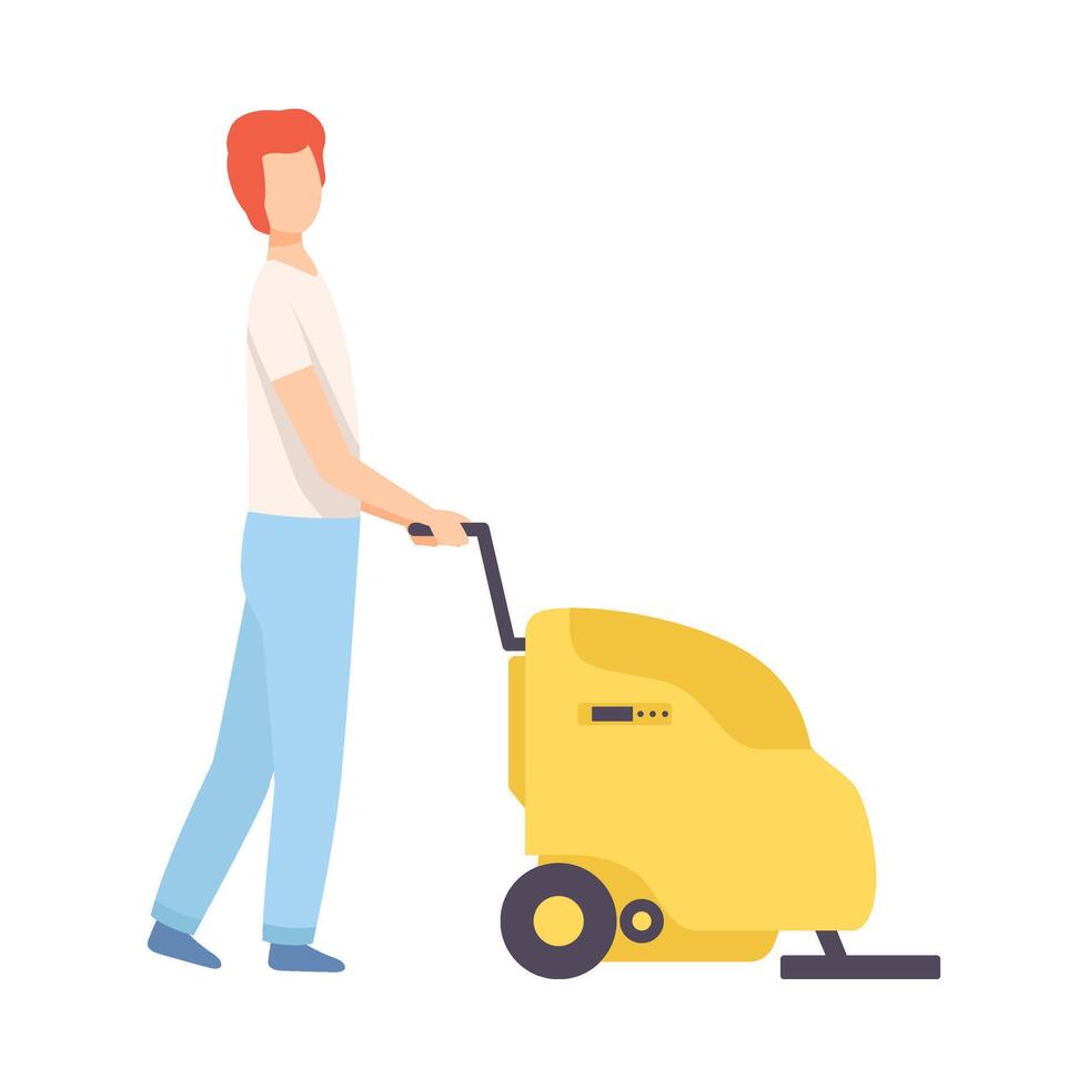 Male Professional Cleaner with Washing Machine Cleaning and Polishing Floor, Cleaning Company Staff Character Dressed in Uniform with Equipment Flat Illustration vector