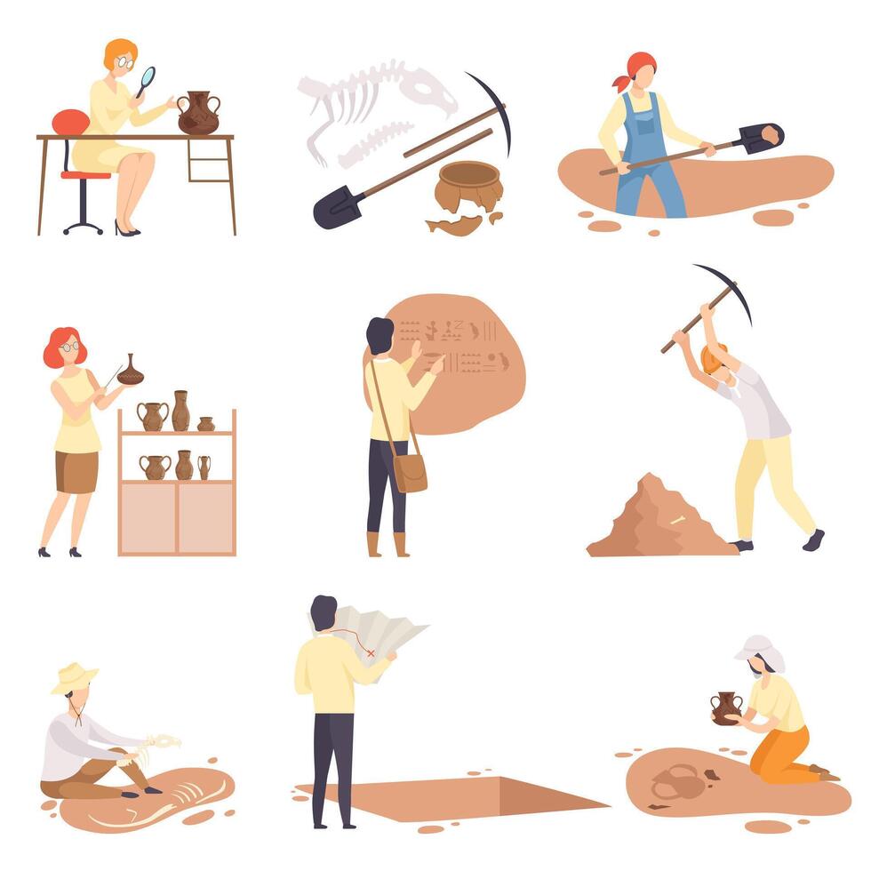 Archaeologists Excavating and Researching Historical Artifacts Set, Paleontology Scientists Characters Flat Illustration vector