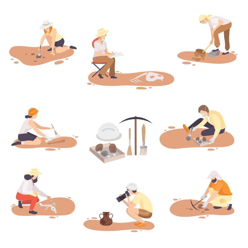 Archaeologists Excavating, Researching and Photographing Historical Artifacts Set, Paleontology Scientists Characters Flat Illustration vector