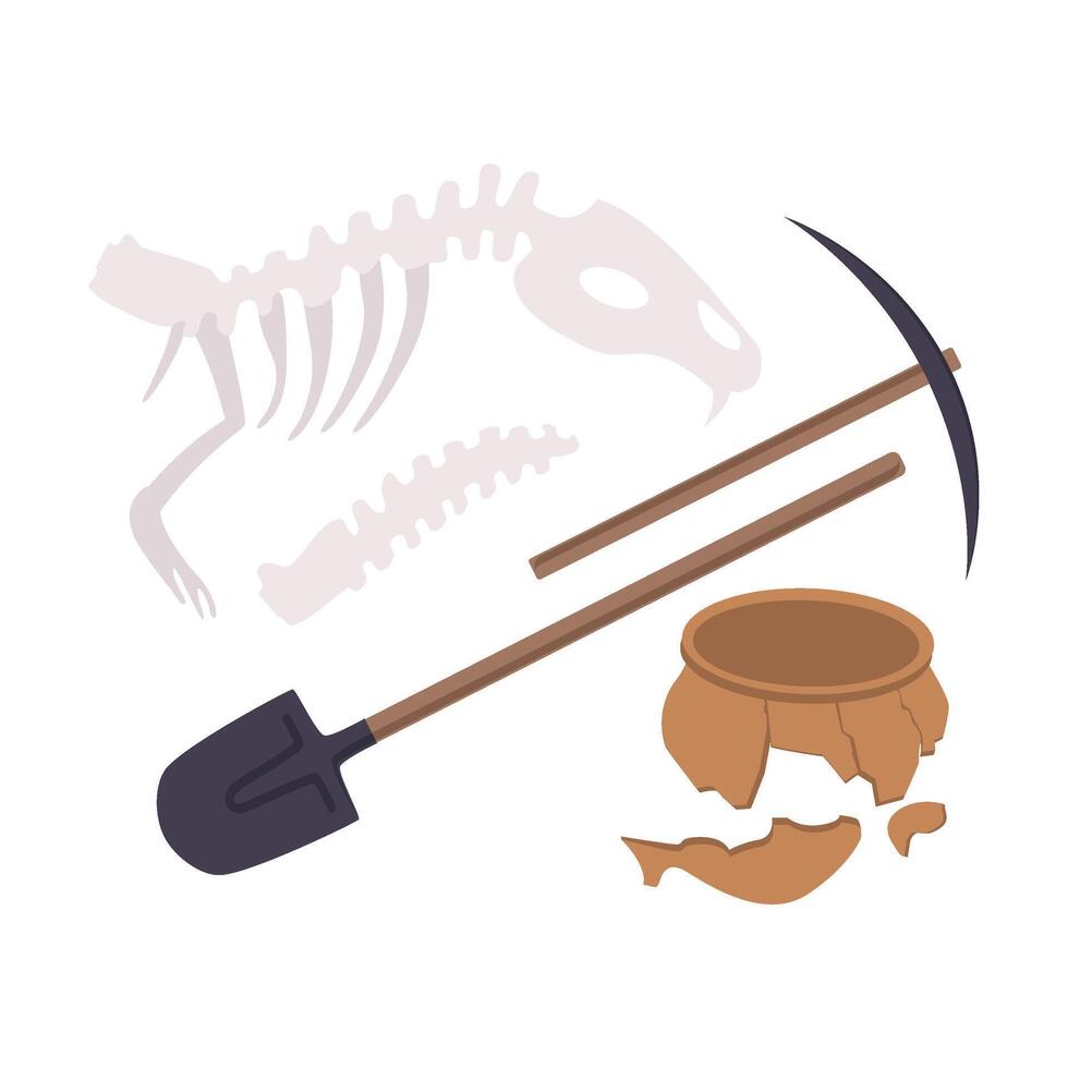 Archaeological Excavation Tools and Prehistoric Fossils, Pickaxe, Shove, Animal Skeleton, Ceramic Crocks Flat Illustration vector