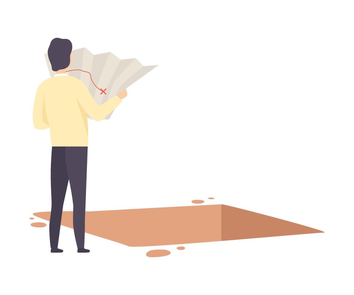 Male Archaeologist Examininig Map of Archaeological Excavations, Scientist Character Working on Excavations with Historical Artifacts Flat Illustration vector