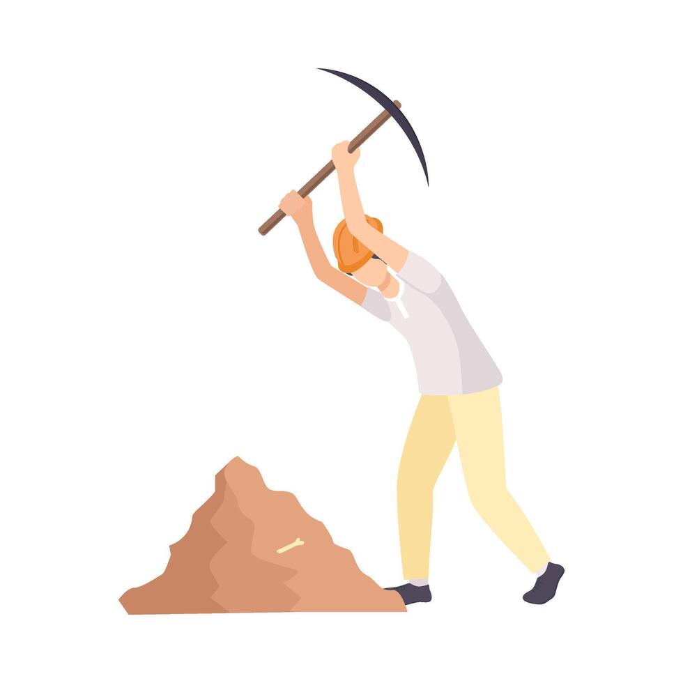 Male Archaeologist Scientist Character in Protective Hat Working on Excavations with Pickaxe Flat Illustration vector
