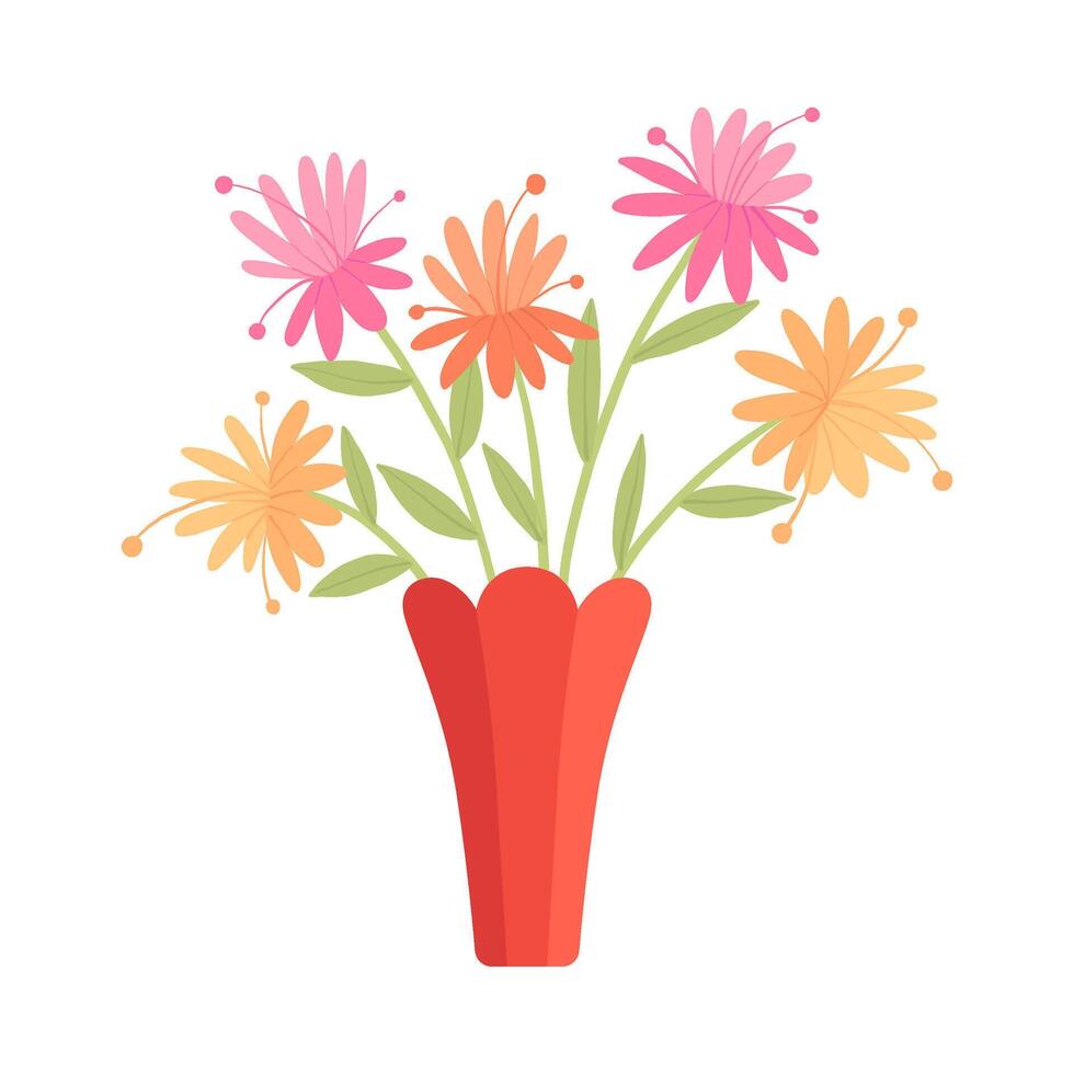 Beautiful Garden Flowers in Red Vase, Bouquet of Blooming Flowers for Interior Decoration Illustration vector