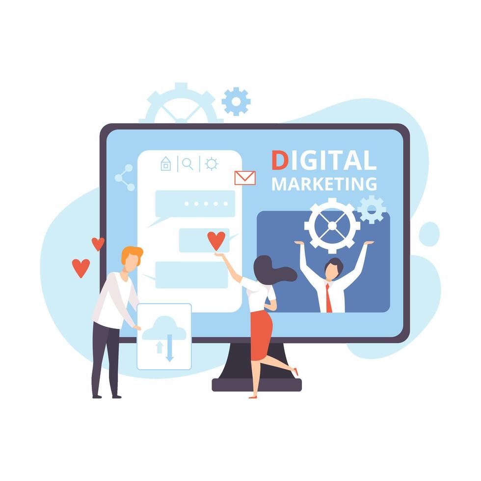 Digital Marketing, Creative Team Working on Web Images, Content and Management Strategy, Teamwork Flat Illustration vector