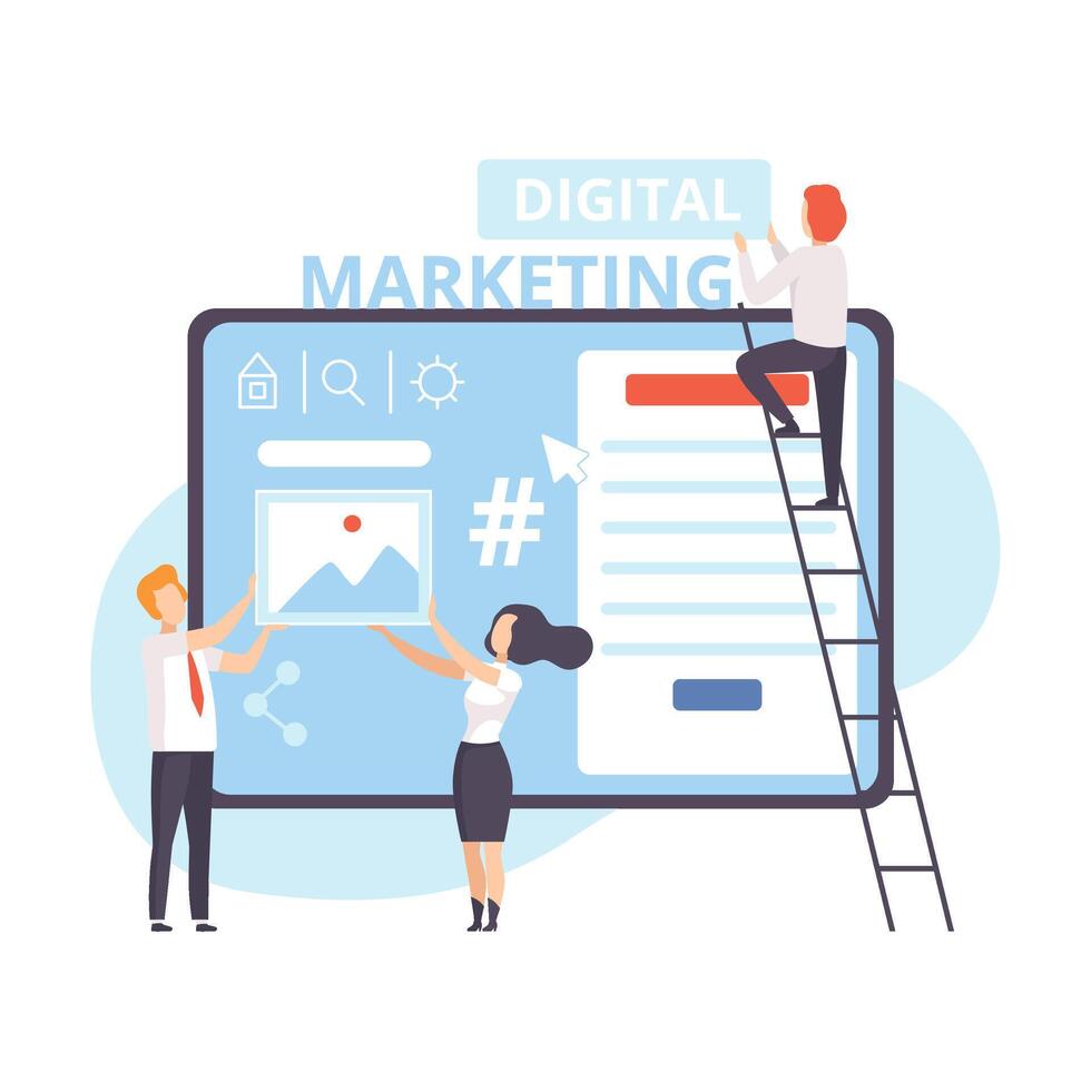 Digital Marketing, Businesspeople Working on Business Analysis, Content and Management Strategy, Teamwork Flat Illustration vector
