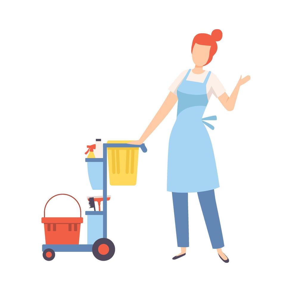 Female Professional Cleaner with Janitor Cart Full of Supplies and Equipment, Cleaning Company Staff Character Dressed in Uniform with Equipment Flat Illustration vector
