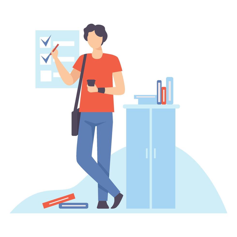 Young Man Planning and Controlling His Working Time, Distribution of Priority of Tasks, Strategic Planning, Efficient Time Management Business Concept Flat Illustration vector