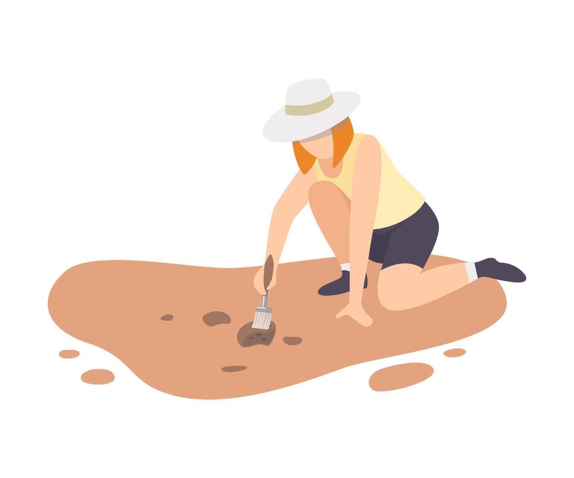 Female Archaeologist Sitting on Ground and Sweeping Dirt from Ceramic Crocks Using Brush, Paleontology Scientist Character Working on Excavations with Historical Artifacts Flat Illustration vector