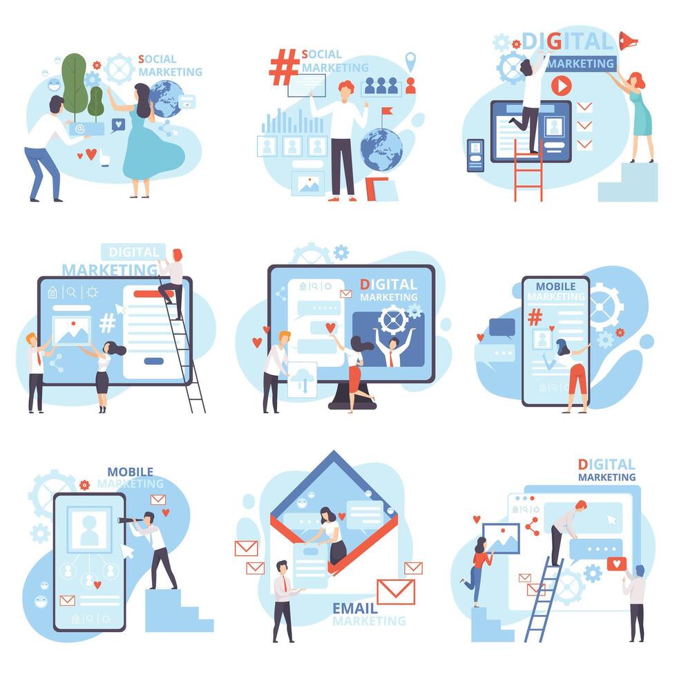 Social, Mobile, Email, Referral, Digital Marketing Set, Management Strategy, People Working on Content Engagement, Promotion, Internet Advertising, Business Software Flat Illustration vector