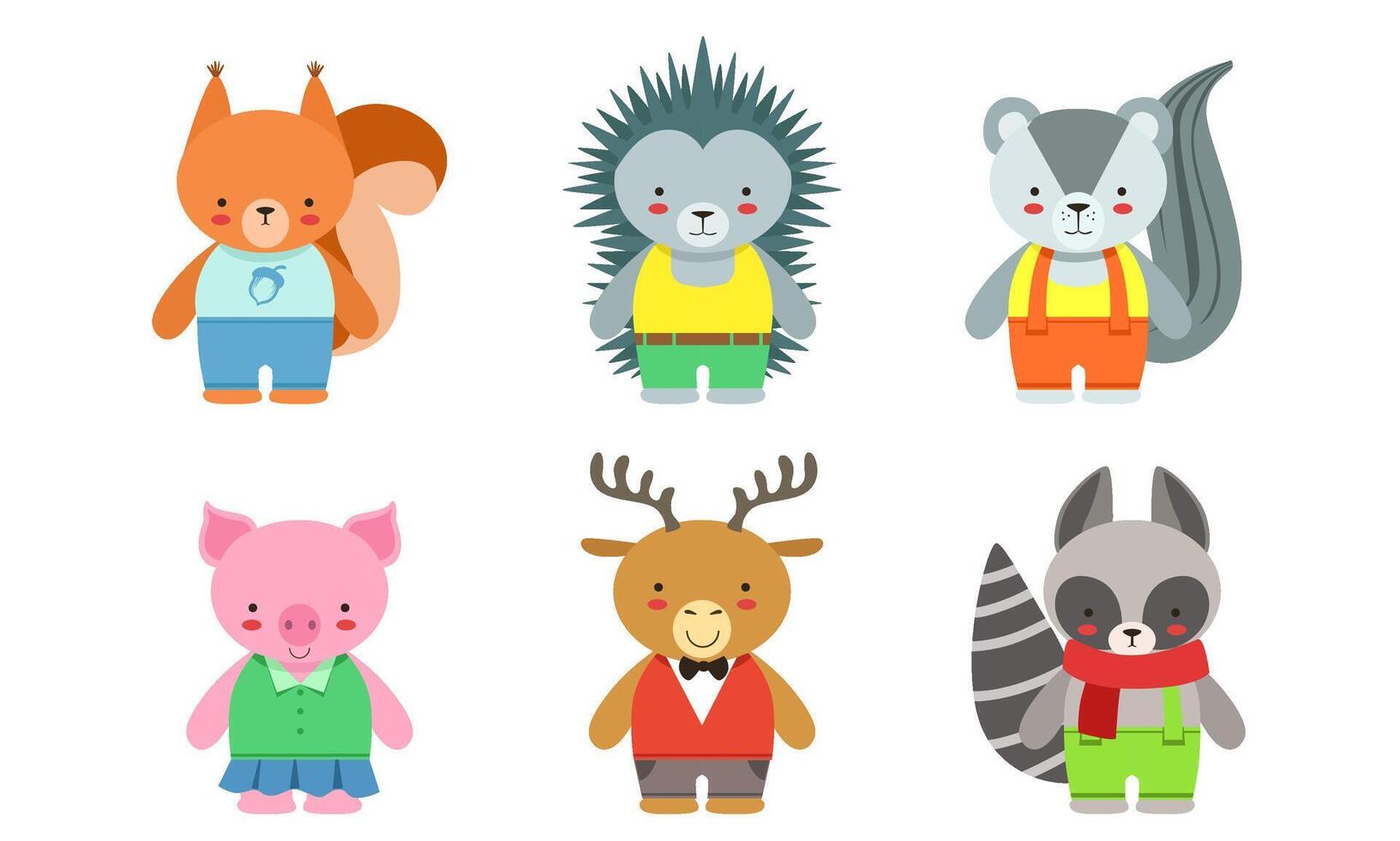 Cute Baby Animals Set, Badger, Fox, Hedgehog, Piglet, Deer, Raccoon Illustration vector