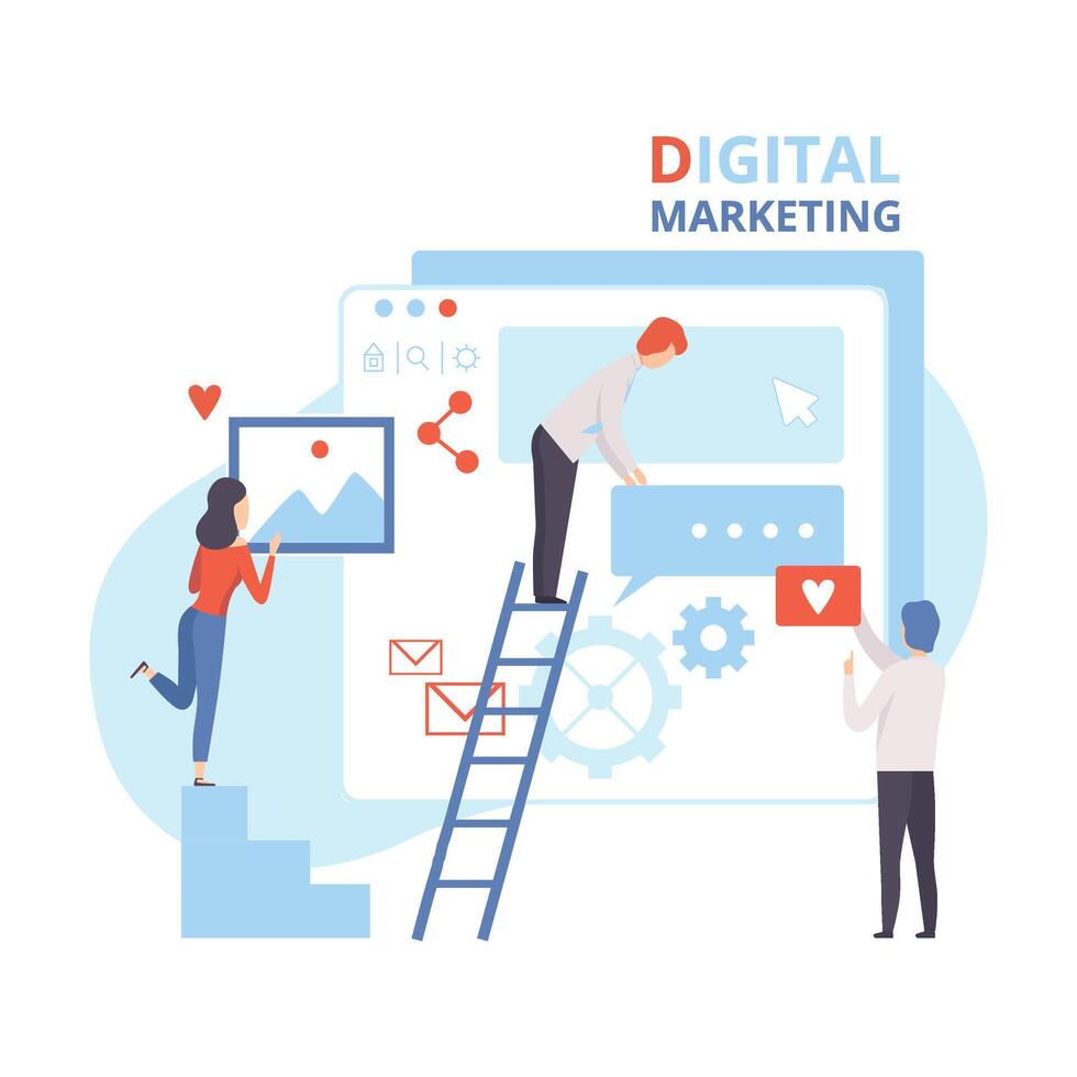 Digital Marketing, Creative Team Working on Web Images, Content and Management Strategy, Business Analysis Flat Illustration vector