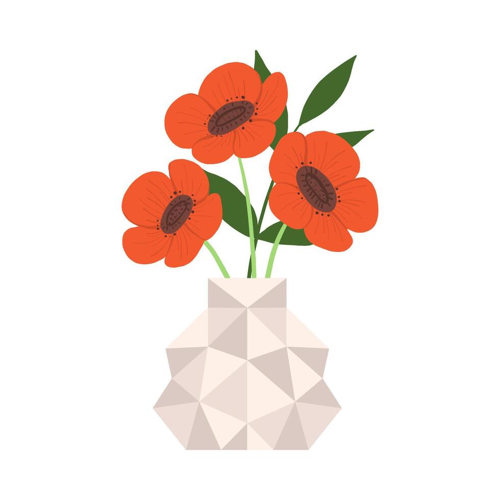 Beautiful Poppy Flowers in Caramic Vase, Bouquet of Blooming Flowers for Interior Decoration Illustration vector