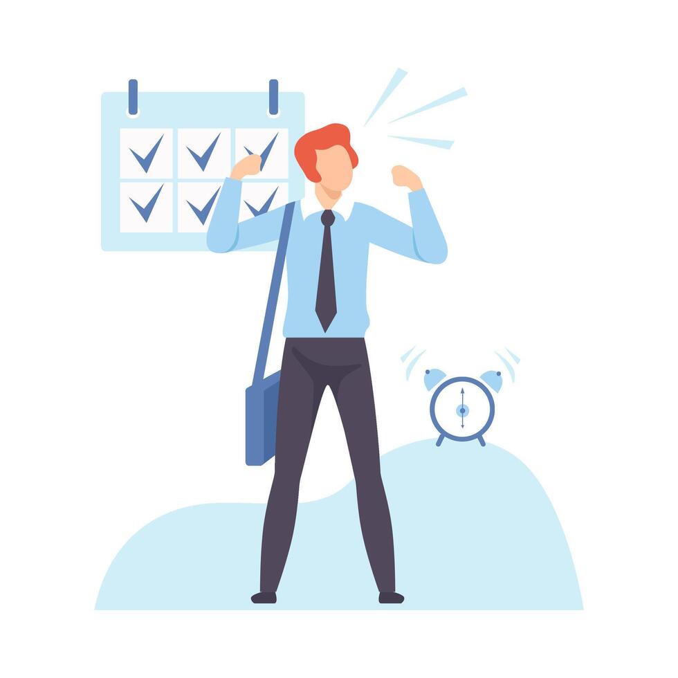 Businessman Planning His Personal Schedule or Timetable, Organization and Control of Working Time, Efficient Time Management Business Concept Flat Illustration vector
