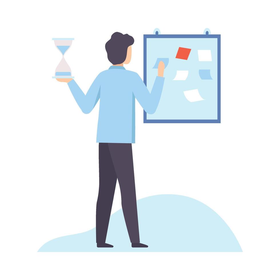 Businessman with Hourglass Planning His Working Time, Organization and Control of Working Time, Efficient Time Management Business Concept Flat Illustration vector