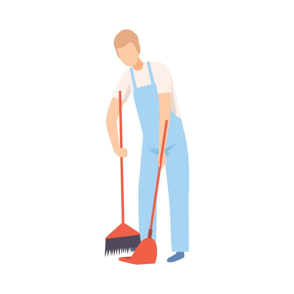 Male Professional Cleaner Sweeping the Floor, Cleaning Company Staff Character Dressed in Uniform with Equipment Flat Illustration vector